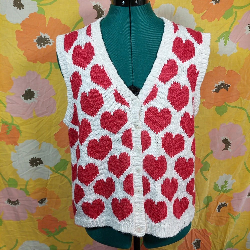 Marisa Christina Vintage 90s Heart Knit Sweater Vest Red White Large 45% Cotton